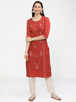 KETCH Women Printed Straight Kurta(Brown)