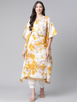 indibelle Women Dyed/Ombre Kaftan Kurta(White, Yellow)