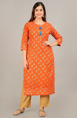 Janvi Creations Women Printed Straight Kurta(Orange)