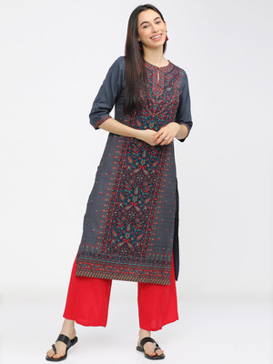 KETCH Women Embroidered Straight Kurta(Grey)