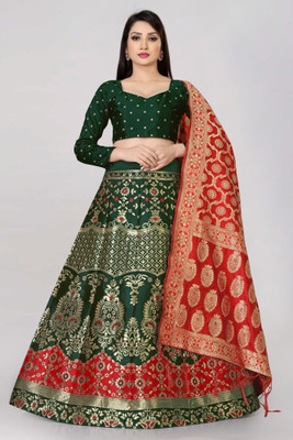 Fabcartz Printed Semi Stitched Lehenga & Crop Top(Dark Green)