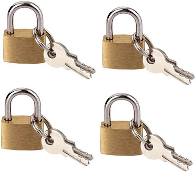 IndusBay Pack of 4 , Metal Brass Push Lock with 2 Keys each, for suitcase Bags Padlock(Gold)