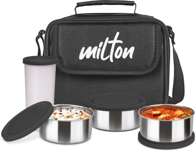 New Steel Combi Lunch Box, 3 Containers and 1 Tumbler with Jacket, Black 3 Containers Lunch Box(280 ml)