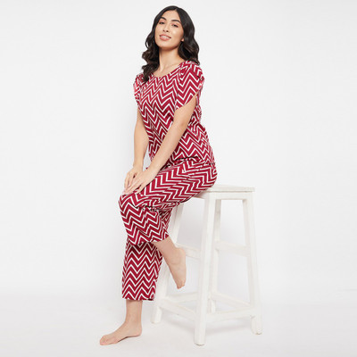 Clovia Women Geometric Print Red Top & Pyjama Set