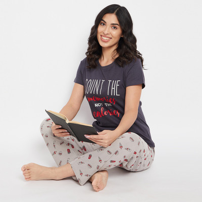 Clovia Women Printed Blue Top & Pyjama Set