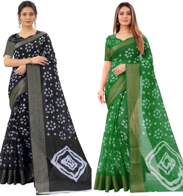 Suali Printed Bandhani Pure Cotton Saree(Pack of 2, Green, Black)