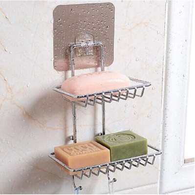 Tapixaa Soap Wall Mounted Double Layer soap Dish Holder With Hanging Hooks Stainless Steel Wall Hanging Soap Storage Rack for Kitchen Bathroom-With Self Adhesive Magic Sticker(Silver)