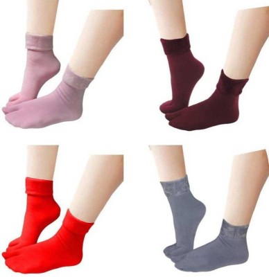 Bracevor Winter Socks Velvet Thermal Thumb Warm Ankle Calf length Feather Fleece Fur Stretchy Elastic Socks For Men,Women,Girls and Boys Unisex Socks Men & Women Solid Ankle Length(Pack of 4)