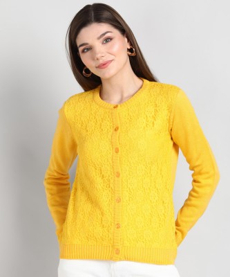 Anmi Self Design Crew Neck Casual Women Yellow Sweater