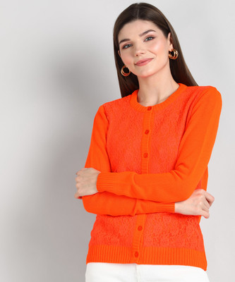 Anmi Self Design Round Neck Casual Women Orange Sweater