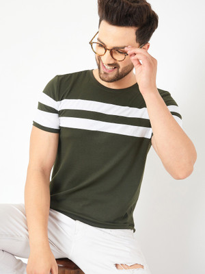 AUSK Colorblock Men Round Neck Dark Green, White T-Shirt