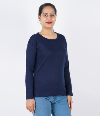 ROCKBAY Solid Women Round Neck Dark Blue T-Shirt