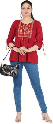 MH SHOP Casual Printed Women Red Top