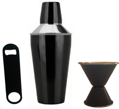 Dynore 3 Pc Black Cocktail Shaker, Double Sided Peg Measure and Bottle Opener 3 - Piece Bar Set(Stainless Steel)