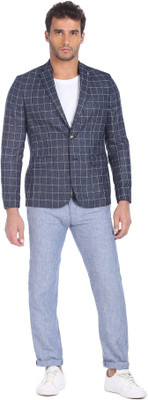 ARROW Checkered Single Breasted Casual Men Blazer(Blue)