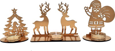 PRIDE STORE Golden Wooden Santa, Deer, Christmas Tree Tea Light Candle for Decoration Christmas Candle Holders Handmade Tea Light Candles Holder New Year Decoration Tealight Candle with Wax shadow tealight candle Wooden 3 - Cup Tealight Holder Set(Gold, Pack of 1)