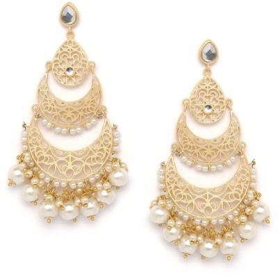 PANASH Gold-Toned White Crescent Shaped Pearl Alloy Chandbali Earring