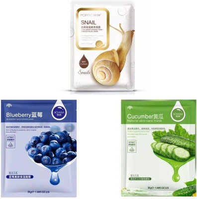 rorec FACIAL Deep Cleansing SNAIL FACE MASK SHEET WITH HCHANA PACK OF 2(BLUEBERRY, CUCUMBER)(90 g)