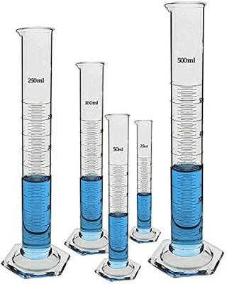 Salco Borosilicate Glass Measuring Cylinder 25ml, 50ml, 100 ml, 250 ml, 500 ml - Set of 5 Heavy Duty Reusable Single Metric High Quality Glass Graduated Cylinder's for Laboratory Test (Pack of 5) Borosilicate Glass Graduated Cylinder(925 ml)