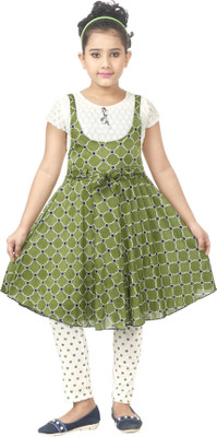 BURBN Dungaree For Girls Casual Printed Cotton Blend(Green, Pack of 1)