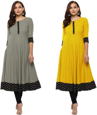 NATEK Women Printed Anarkali Kurta(Grey, Yellow)