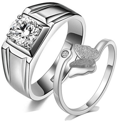 MYKI Sweet Love Couple Rings For Women & Men Stainless Steel Cubic Zirconia Silver Plated Ring Set