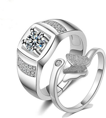 MYKI Beautiful Butterfly Love Couple Rings For Women & Men Stainless Steel Cubic Zirconia Silver Plated Ring Set
