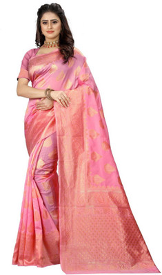 Swassy Fab Woven Kanjivaram Cotton Silk Saree(Pink)