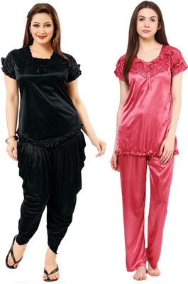 ROWENA Women Self Design Pink, Black Top & Pyjama Set