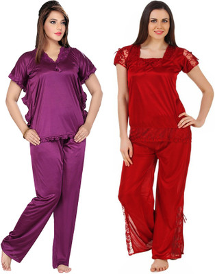 PHALIN Women Solid Purple, Red Top & Pyjama Set