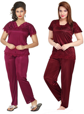 ROWENA Women Solid Maroon, Brown Top & Pyjama Set