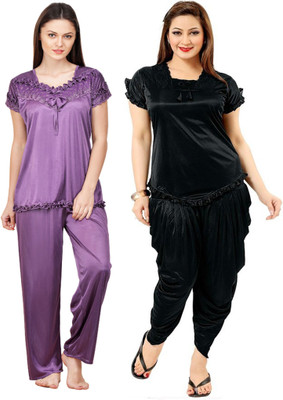ROWENA Women Self Design Purple, Black Top & Pyjama Set