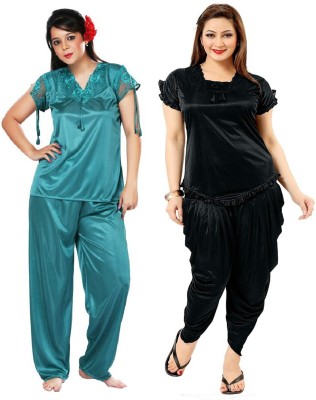 ROWENA Women Solid Black, Light Green Top & Pyjama Set