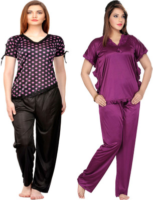 ROWENA Women Polka Print Purple Top & Pyjama Set