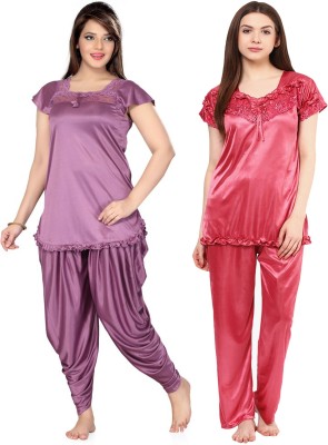 PHALIN Women Solid Purple, Pink Top & Pyjama Set