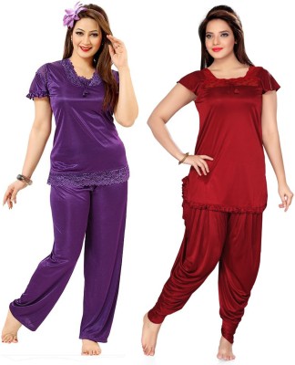 ROWENA Women Solid Purple, Maroon Top & Pyjama Set