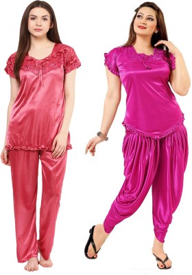 PHALIN Women Solid Pink Top & Pyjama Set