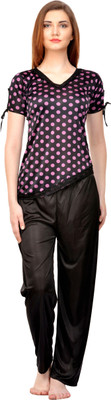 Boosah Women Polka Print Purple, Black Top & Pyjama Set