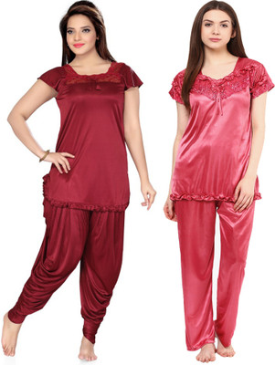PHALIN Women Solid Maroon, Pink Top & Pyjama Set