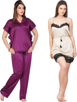 PHALIN Women Solid Purple, Beige Top & Pyjama Set