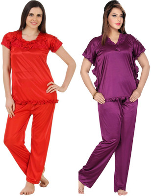 PHALIN Women Solid Purple, Red Top & Pyjama Set