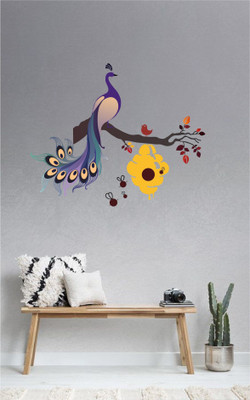 DreamKraft 110 cm Beautiful Peacock Sitting on Branch with Honey Bees Self Adhesive Sticker(Pack of 1)