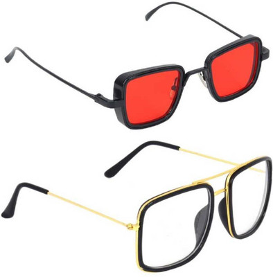 shadz Rectangular, Retro Square Sunglasses(For Men & Women, Red, Clear)