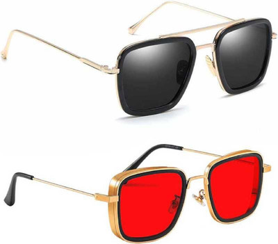 sunwear Retro Square, Over-sized Sunglasses(For Men & Women, Black, Red)