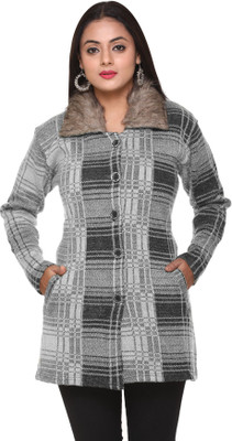 PIPASA WOMEN Checkered Collared Neck Casual Women Grey Sweater