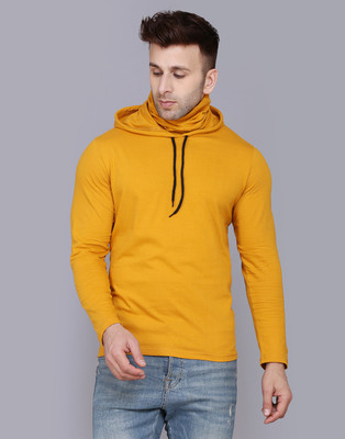 SLOWLORIS Solid Men Hooded Neck Yellow T-Shirt