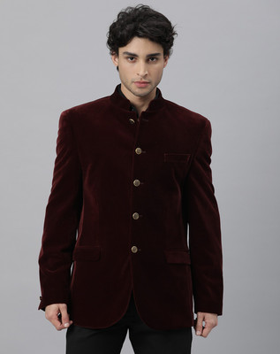 Rare Rabbit Solid Mandarin Casual Men Blazer(Maroon)