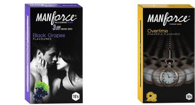 MANFORCE 3 in 1 (Ribbed, Contour, Dotted) Wild Black Grapes Flavoured Condoms- 10 Pieces & Overtime Pineapple 3in1 (Ribbed, Contour, Dotted) Condoms - 10 Pieces Condom