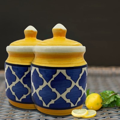 Jimkia Ceramic Pickle Jar  - 300 ml(Pack of 2, Blue, Yellow)