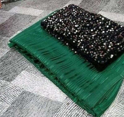 GO SID WORLD TRADE Embellished, Striped Daily Wear Chiffon Saree(Dark Green, Black)